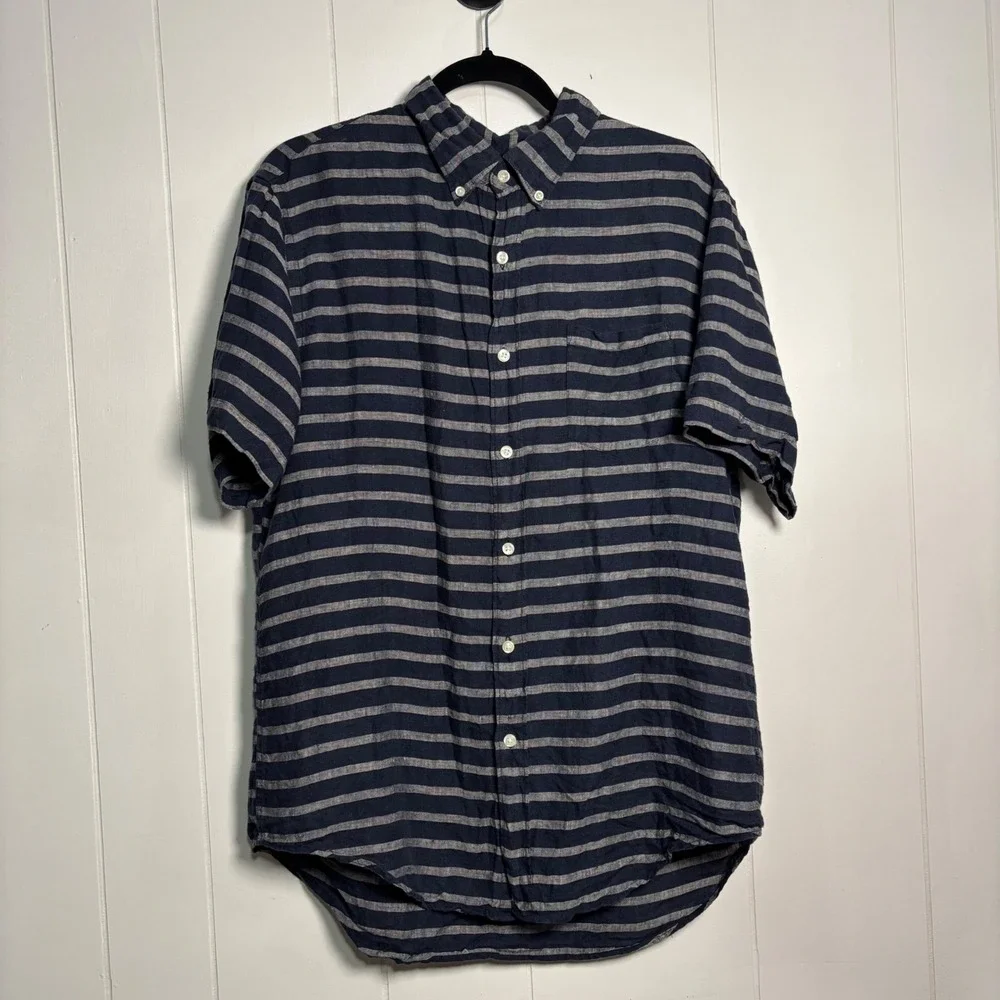 J. Crew Mens Tailored 100% Linen Short Sleeve Striped Button Down Shirt Navy L